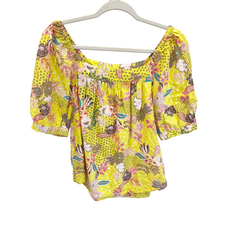 LOFT Yellow Floral‎ Linen Puff Sleeve Square Neck Blouse Preppy Boho Size Medium